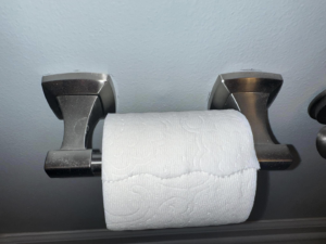 A dusty toilet paper holder showing grime, before cleaning by Sarah's Cleaning Services in Kenner, LA.
