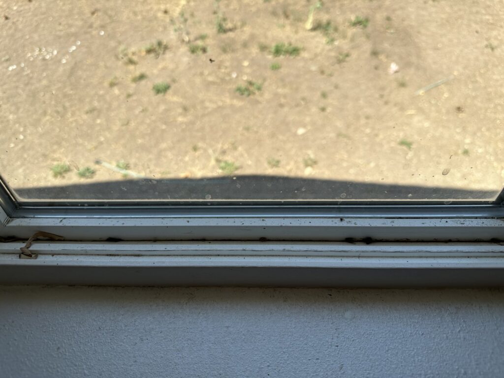 A dusty window track and sill, highlighting an area that needs professional cleaning from Blubyrd Cleaning Service in Boise, ID.