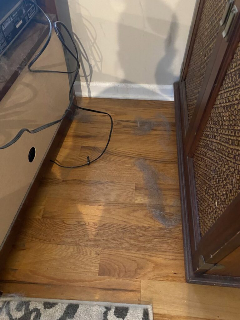 A dusty wooden floor with lint and debris, showing an area before house cleaning by Cuse Cleaning in Syracuse, NY.