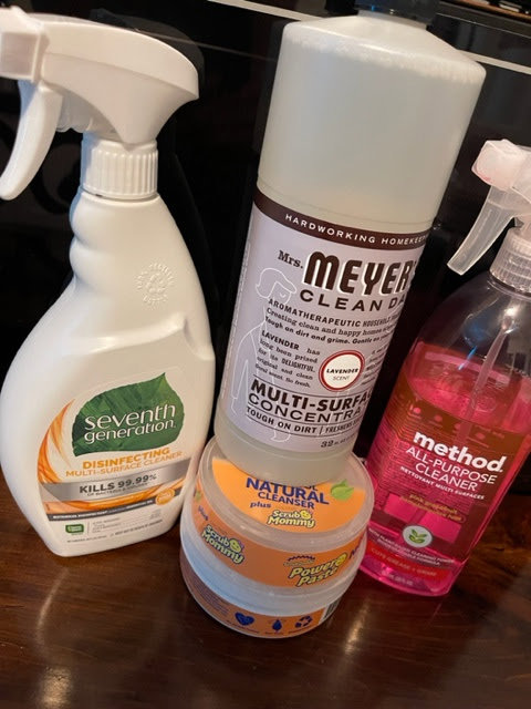 A selection of eco-friendly cleaning products used by Straight Up Cleaning for house cleaning services in South Portland, ME.