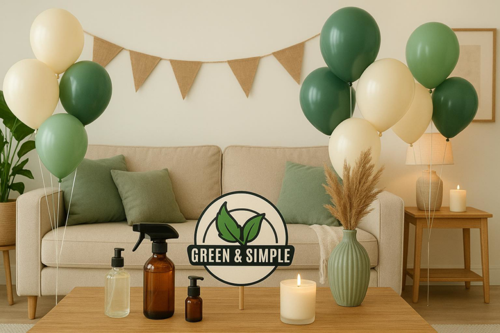 Eco-friendly cleaning supplies and Green & Simple LLC logo on a coffee table in a clean living room in Puyallup, WA.