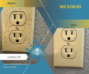 A before and after comparison of a cleaned electrical outlet plate by Okie Clean Bee in Tulsa, OK