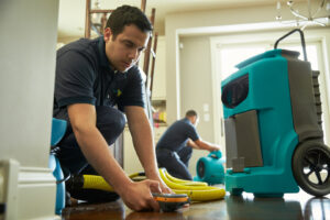 A ServiceMaster DSI employee using a moisture meter on a wooden floor during water damage restoration in Maple Grove, MN.