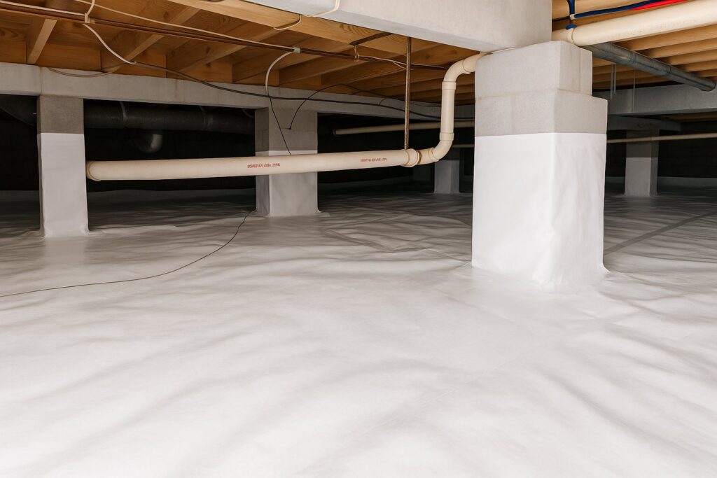 A clean, encapsulated crawl space designed for moisture control and water damage prevention by Healthy Interior Solutions in Fishers, IN.