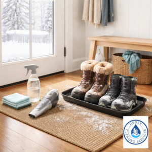 Entryway cleaning supplies and snowy boots on a mat, ready for cleaning by Doozy Cleaning Services in Denver, CO.
