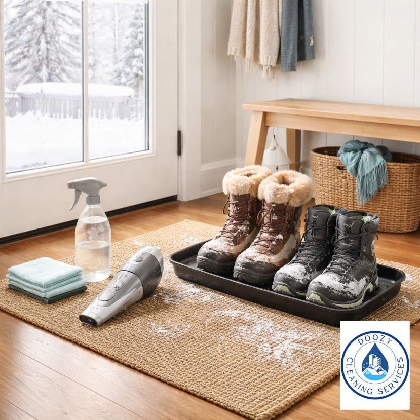 Entryway cleaning supplies and snowy boots on a mat, ready for cleaning by Doozy Cleaning Services in Denver, CO.