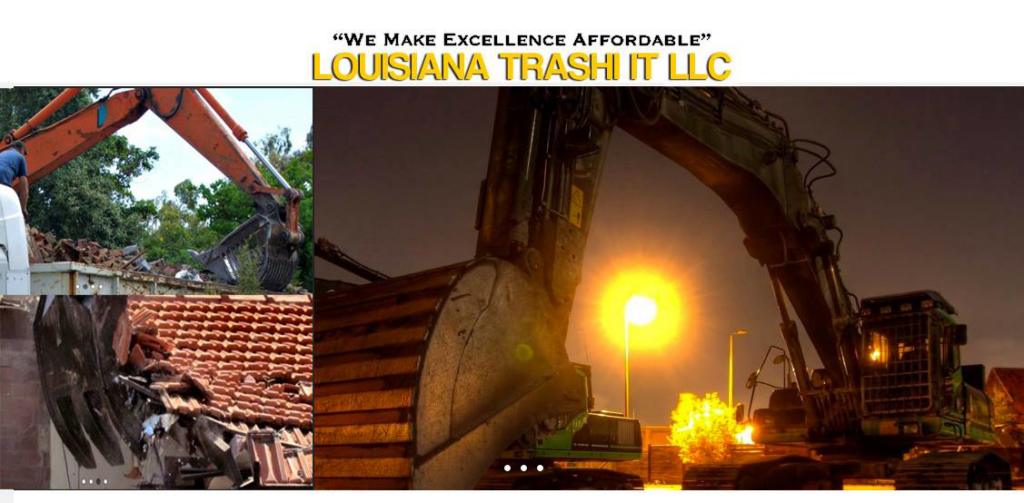 An excavator breaking roof tiles and moving debris during a demolition project by Louisiana Trash It LLC in New Orleans, LA.