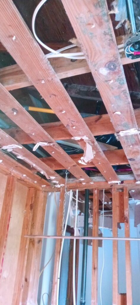 Exposed ceiling joists viewed from below, showing interior demolition work by HaysCo Facilities Management, Inc. in Dothan, AL.