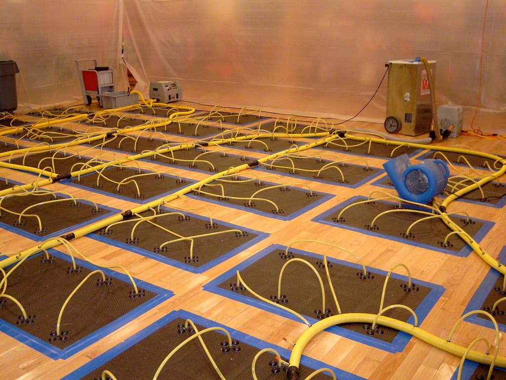 An extensive floor drying setup with numerous air movers and hoses on a wooden floor for water damage restoration by Absolute Water Mitigation & Restoration in Greeley, CO