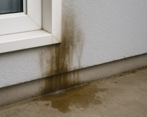 Exterior house wall showing dark water stains and a puddle, indicating water intrusion, by Proshield Waterproofing & Restoration in Overland Park, KS