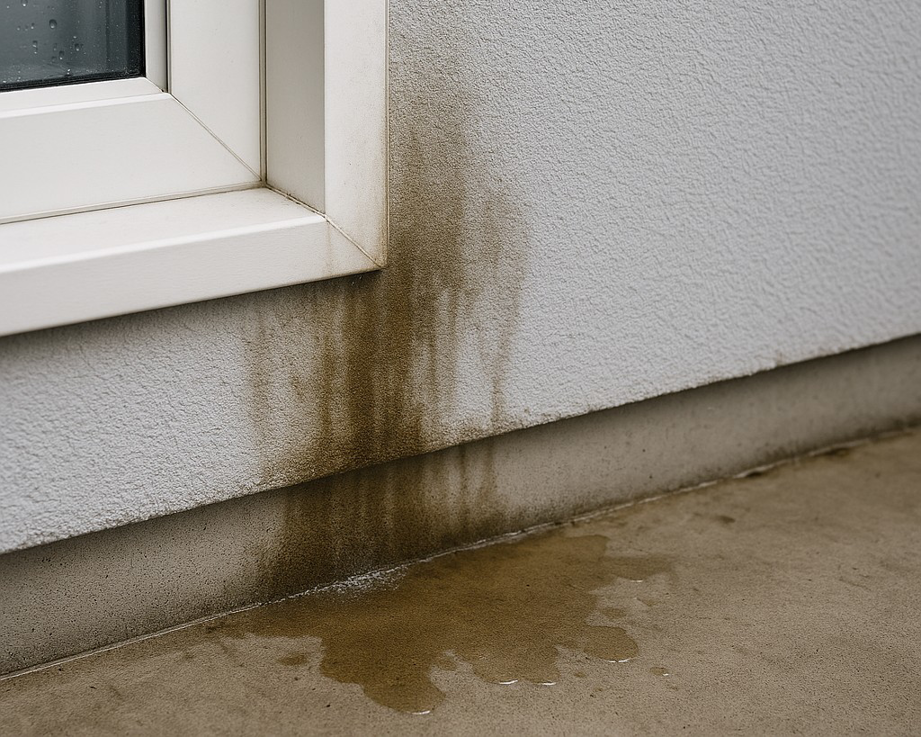 Exterior house wall showing dark water stains and a puddle, indicating water intrusion, by Proshield Waterproofing & Restoration in Overland Park, KS
