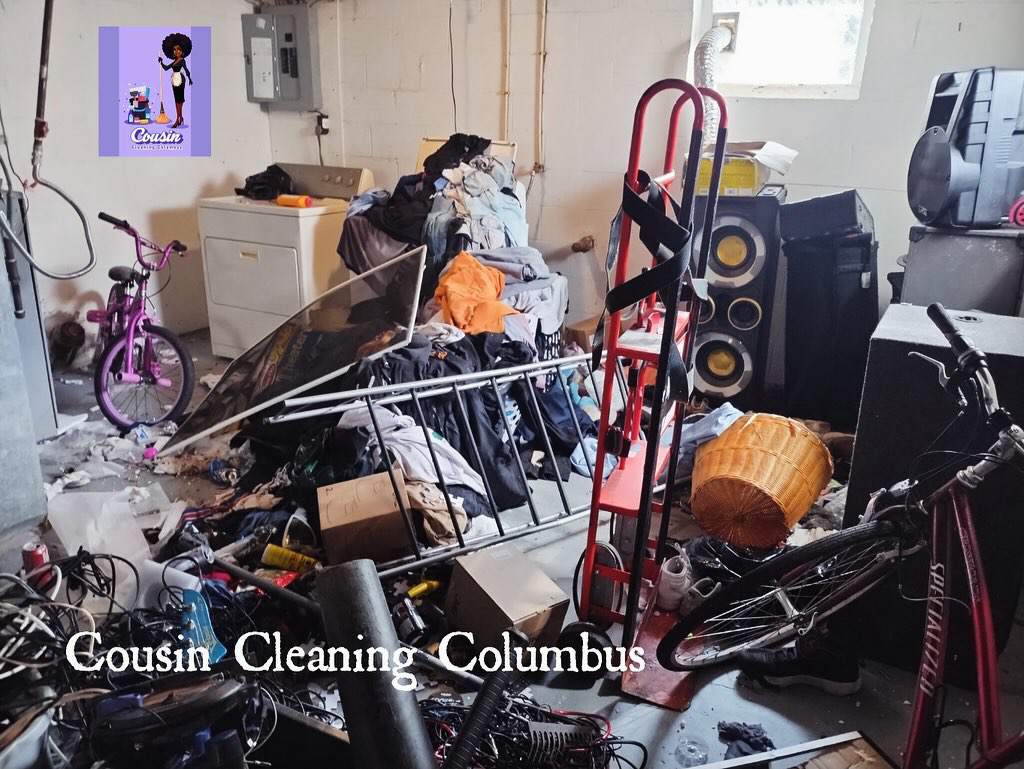 An extremely cluttered basement filled with bikes, boxes, and laundry, awaiting a deep clean from Cousin Cleaning Columbus, OH.