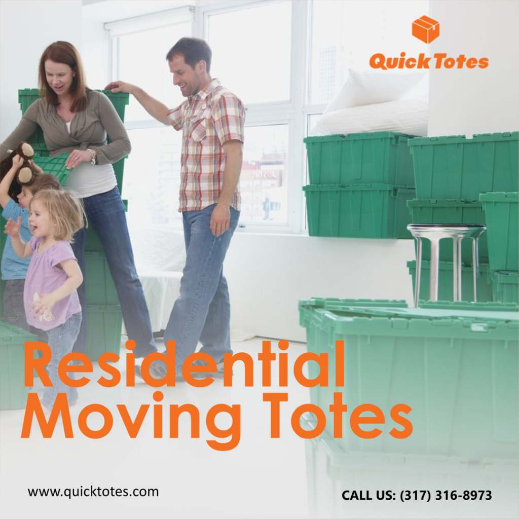 A family moving into their new home with green QuickTotes moving totes in Indianapolis, IN.