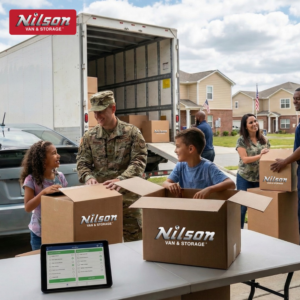 A family packing moving boxes with a Nilson Van and Storage truck in the background in Columbia, SC.