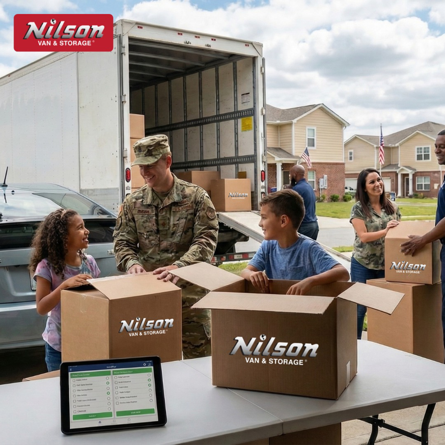 A family packing moving boxes with a Nilson Van and Storage truck in the background in Columbia, SC.