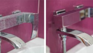 Before and after comparison of a faucet with hard water stains, now sparkling clean by Peoria Cleaning Pros, LLC in East Peoria, IL.