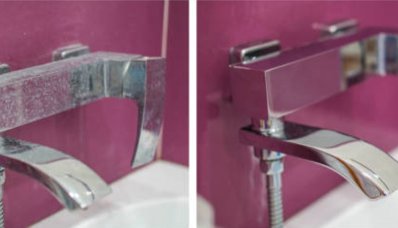 Before and after comparison of a faucet with hard water stains, now sparkling clean by Peoria Cleaning Pros, LLC in East Peoria, IL.