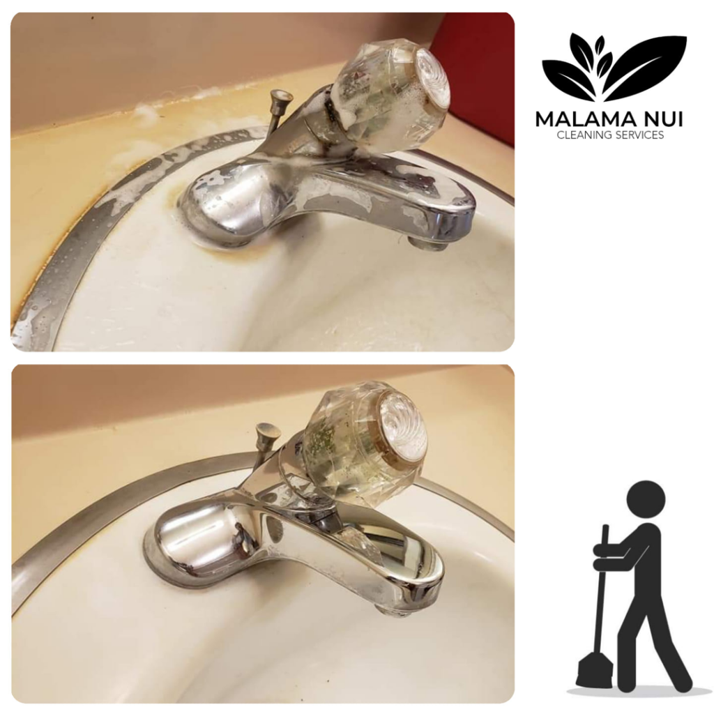 Before and after comparison of a bathroom faucet and sink cleaning service by Malama Nui Cleaning Services in Honolulu, HI.