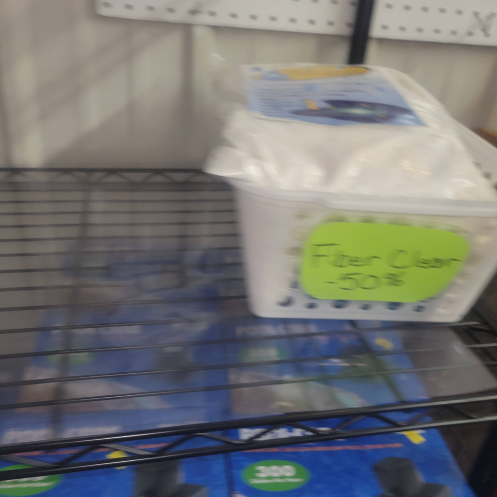 Fiber Clear pool filter product on a shelf at Pool Queen in Fairmont, WV.