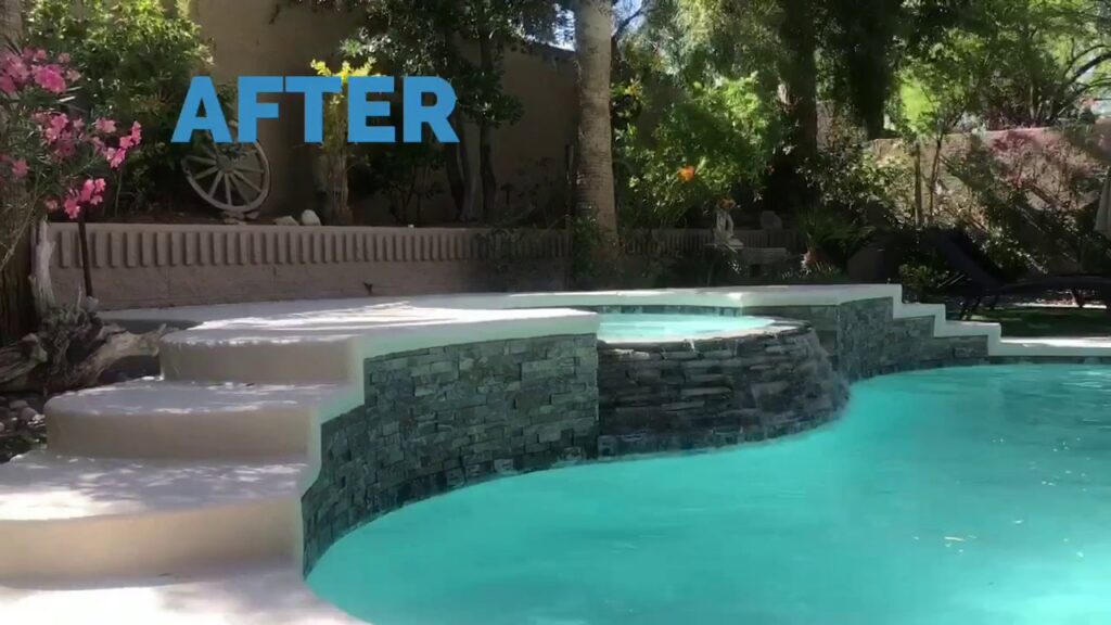 A beautifully finished pool and spa with stone accents and lush landscaping by Fix A Pool in Las Vegas, NV