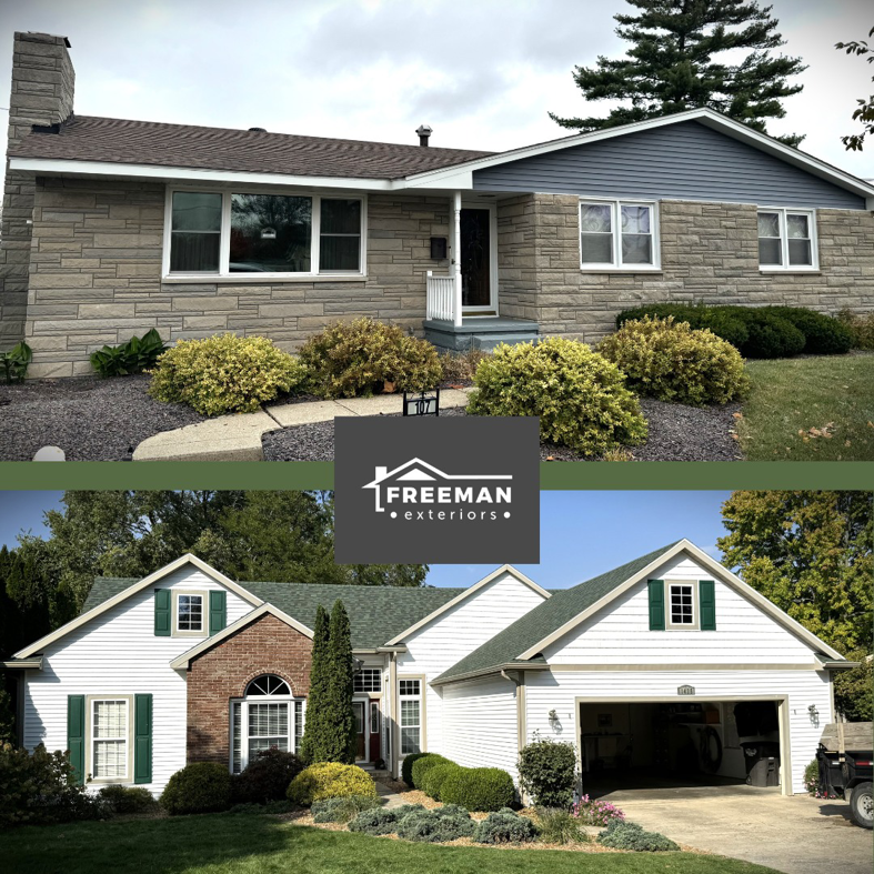 Two completed siding projects by Freeman Exteriors in Danville, IL, showcasing different styles and colors.