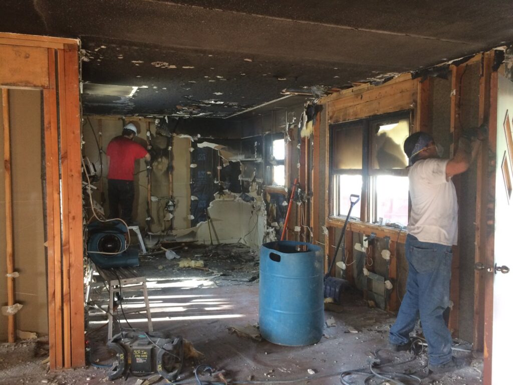 Fire and water damage restoration in progress with drying equipment by Specialized Cleaning & Restoration, Inc. in Bismarck, ND.