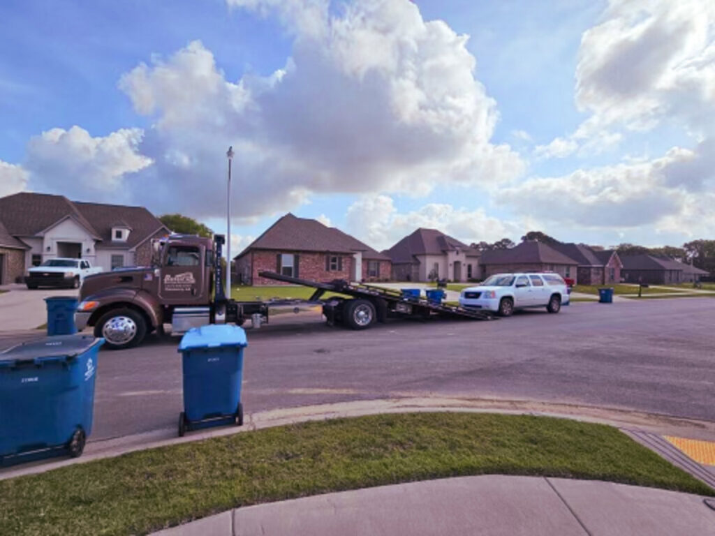A flatbed tow truck from Rosco's Towing Services LLC loading a white SUV in a residential neighborhood in Carencro, LA.