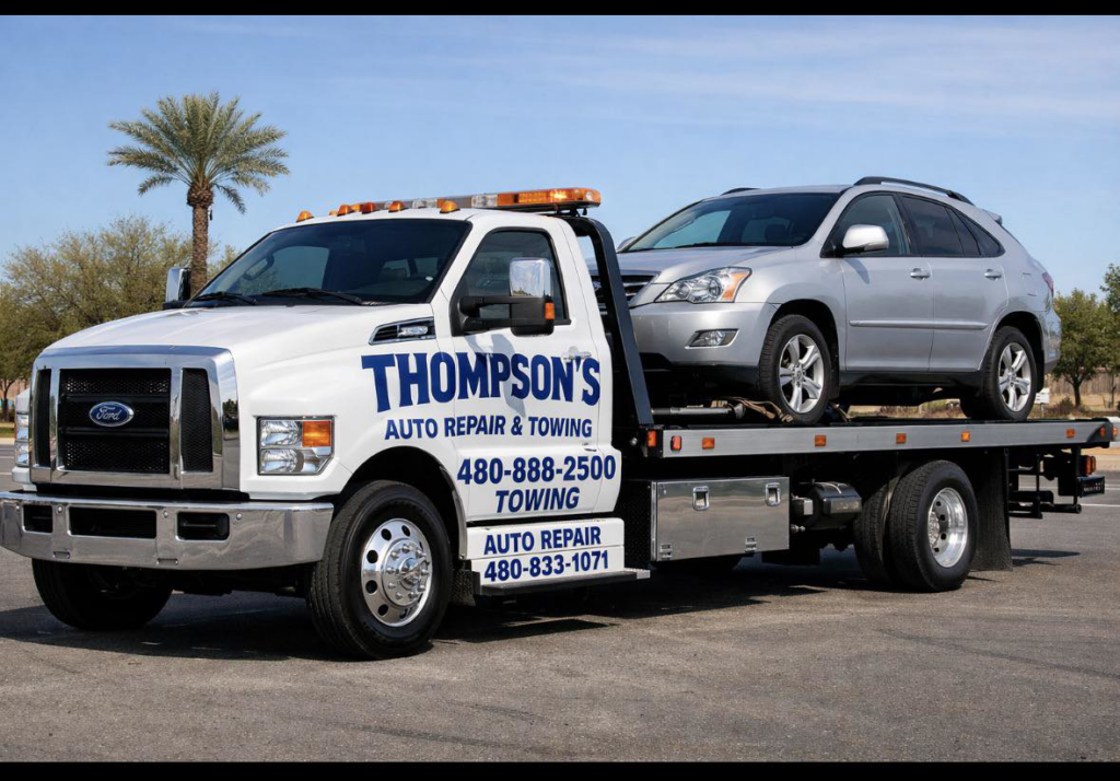 A Thompson's Auto Repair & Towing flatbed tow truck transporting a silver SUV in Mesa, AZ.