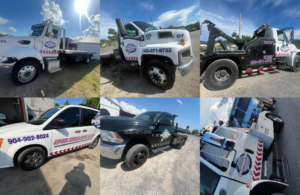 A collage showing the diverse fleet of tow trucks and service vehicles from Southeastern Towing Inc. in Chattanooga, TN.