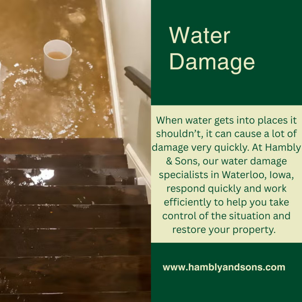 Flooded basement stairs and standing water in a home, showing water damage remediation by Hambly and Sons Cleaning and Restoration in Waterloo, IA.