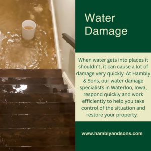 Flooded basement stairs and standing water in a home, showing water damage remediation by Hambly and Sons Cleaning and Restoration in Waterloo, IA.