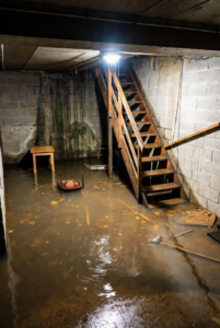 A severely flooded basement with standing water and stained walls, indicating significant water damage, by Cowboy Certified Plumbing & Water Cleanup in Lee's Summit, MO.