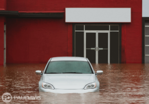 Car submerged in floodwater in front of a building, showing severe water damage. Paul Davis Restoration, Belmont, MA.