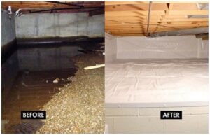 Before and after photos of flooded crawl space water damage repair by Basement Doctor of West Virginia in Parkersburg, WV.