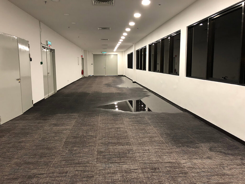 A long hallway with standing water on a carpeted floor, indicating significant water damage, addressed by Absolute Water Mitigation & Restoration in Greeley, CO