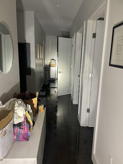 A residential hallway with standing water on the floor, indicating water damage requiring A2 Restoration in Ann Arbor, MI.