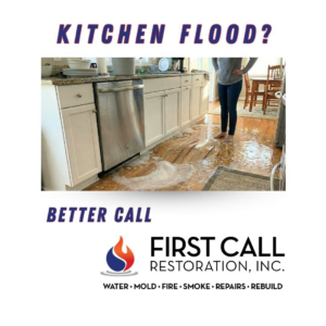 A kitchen floor covered in water from a flood, showing water damage restoration work by First Call Restoration in Kansas City, MO.