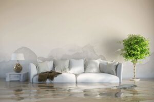 A living room with standing water on the floor and visible water stains on the walls, indicating severe water damage, handled by Absolute Water Mitigation & Restoration in Greeley, CO
