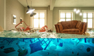 A flooded living room requiring water damage restoration from Certified Professional Restoration in Simpsonville, SC.