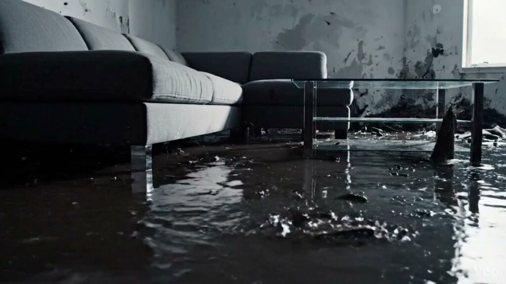 A severely flooded living room with standing dirty water and damaged walls, ready for restoration by Elements of Restoration in Denver, CO.