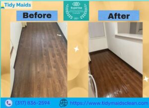 A before and after view of a floor, showing a significant improvement after cleaning by Tidy Maids Clean in Indianapolis, IN.