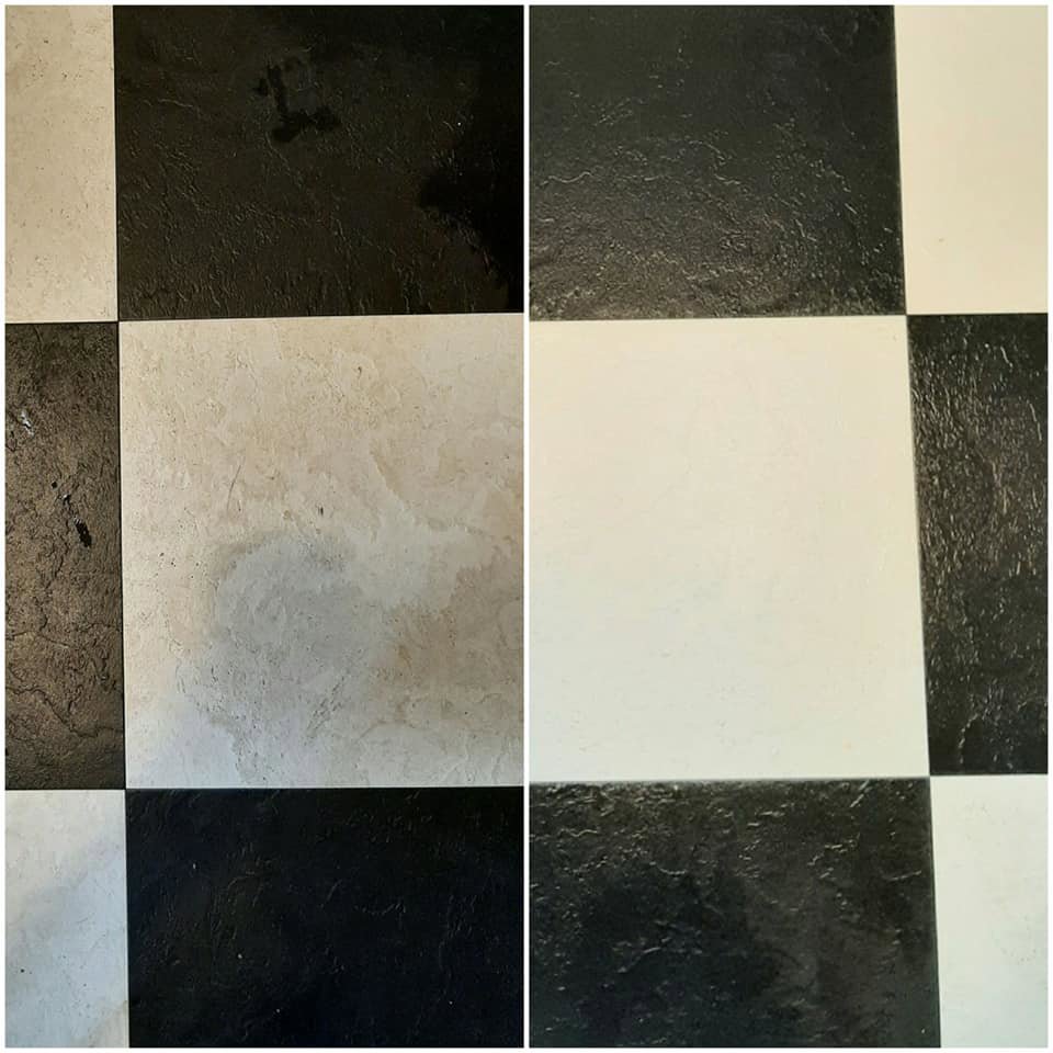 Before and after comparison of checkered floor tiles, showcasing professional cleaning by Jessie Clean in Indianapolis, IN.