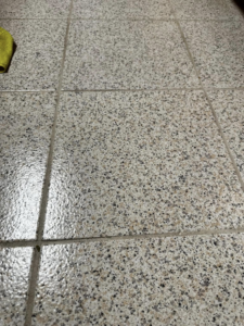 A freshly cleaned speckled tile floor, still wet from cleaning, by Dust Devil Cleaning in Eugene, OR.