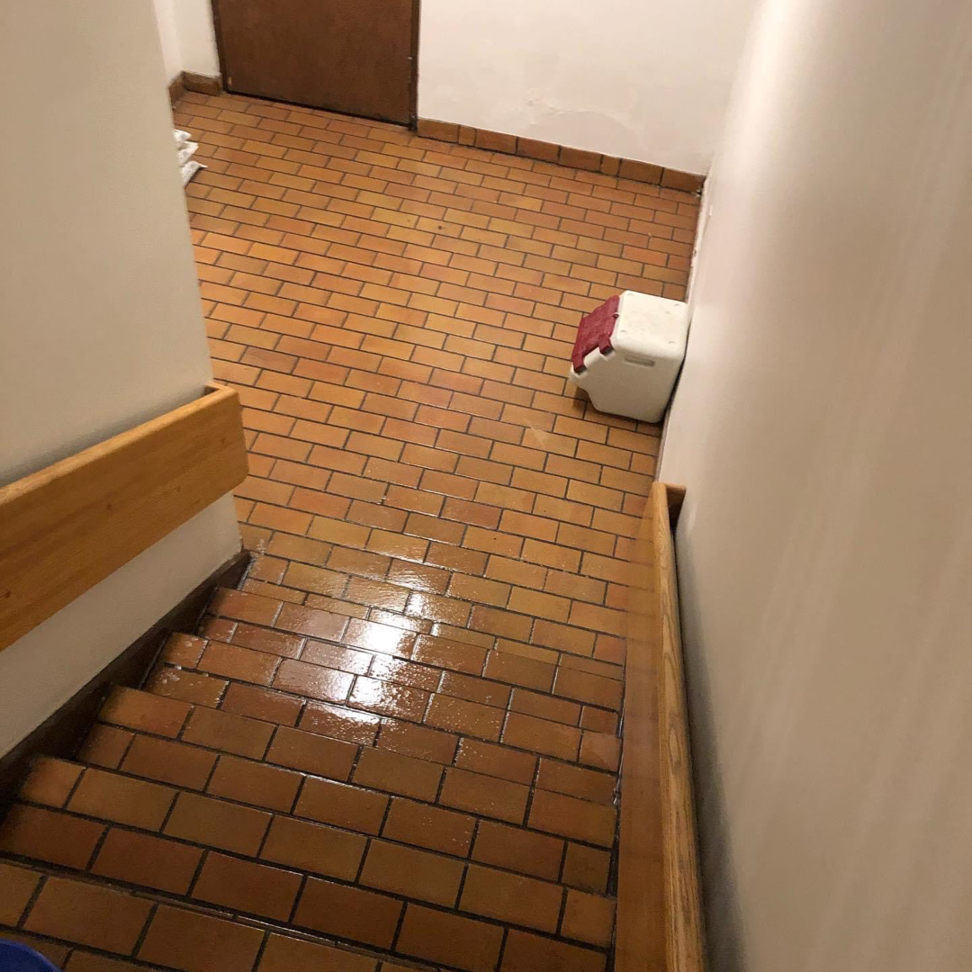 Freshly cleaned tiled stairs with a wet, reflective surface by Genetic Solutions, your house cleaner in Milwaukee, WI.