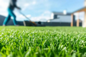 Close-up of freshly cut, vibrant green grass with a blurred person mowing in the background by Backcountry Lawn Service in Missoula, MT.