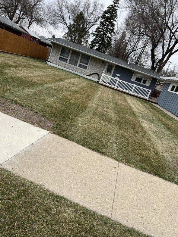 A freshly mowed residential lawn with distinct stripes, showcasing work by Top Cut Lawn Care and Snow Removal in Minot, ND.