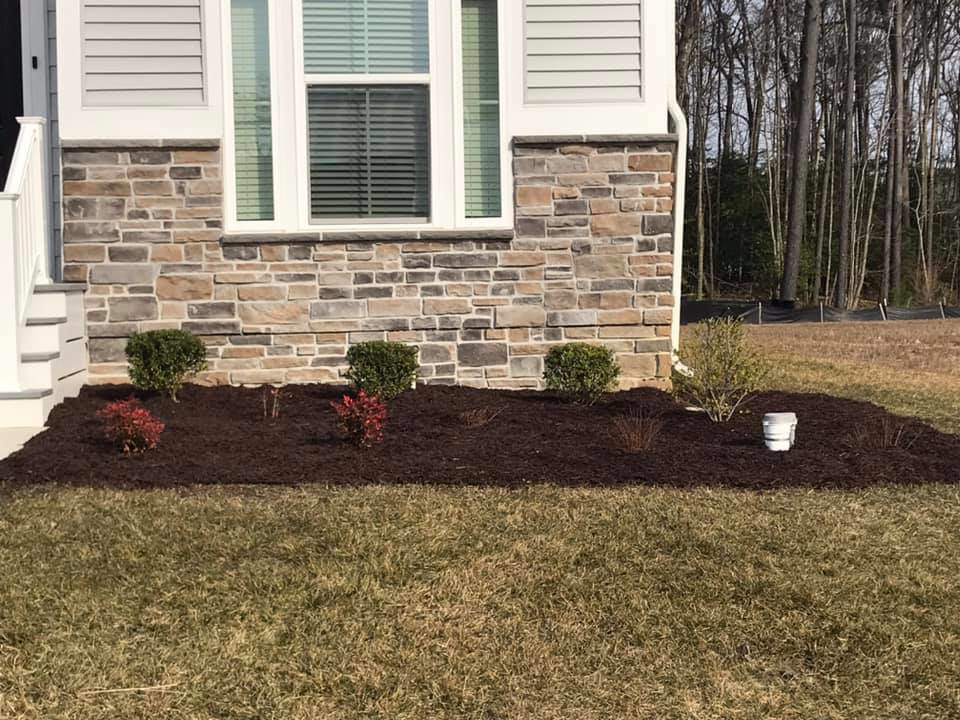 Freshly mulched flower beds with new plantings in front of a residential property by Mike's Lawn Care Service in Dover, DE.