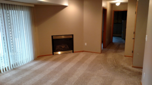 A living room with freshly vacuumed carpet showing clean lines, a result of Wholesome-Green Cleaning in Saint Croix Falls, WI.