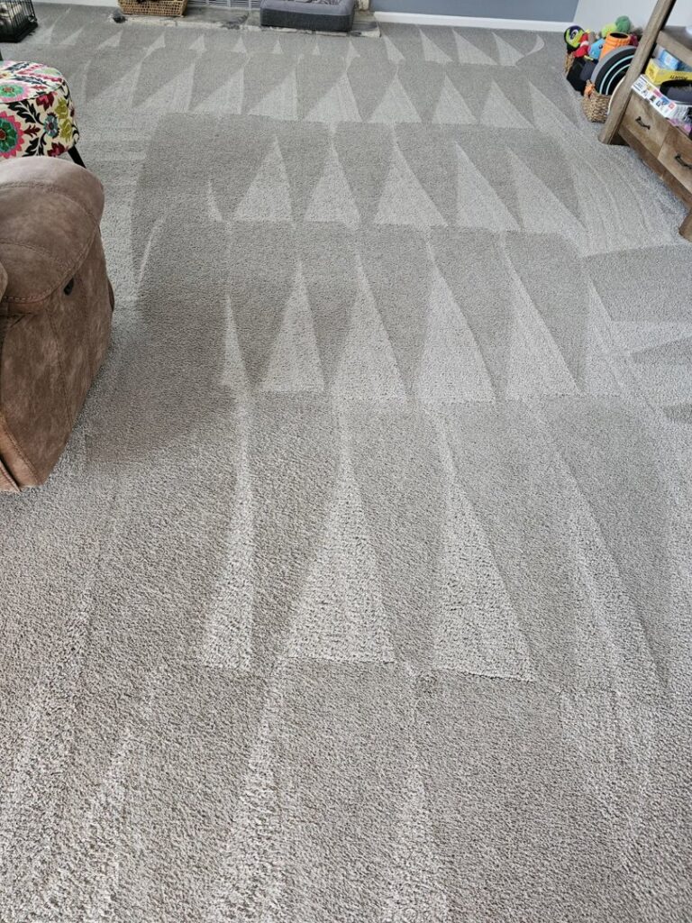 A freshly vacuumed carpet with distinct lines, showcasing cleaning by No Stress Cleaning Services in Virginia Beach, VA