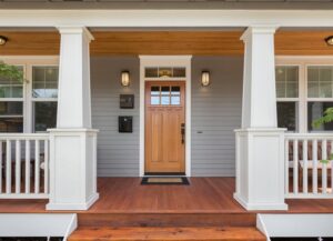 A welcoming front porch of a house with light grey horizontal siding and a natural wood door, by Jonesboro Siding, Window & Door in Jonesboro, AR.